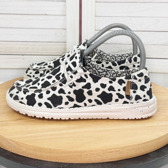 Hey Dude Wendy Milky Way Cow Print Canvas Slip On Shoes White Black Womens 6 - Picture 3 of 12